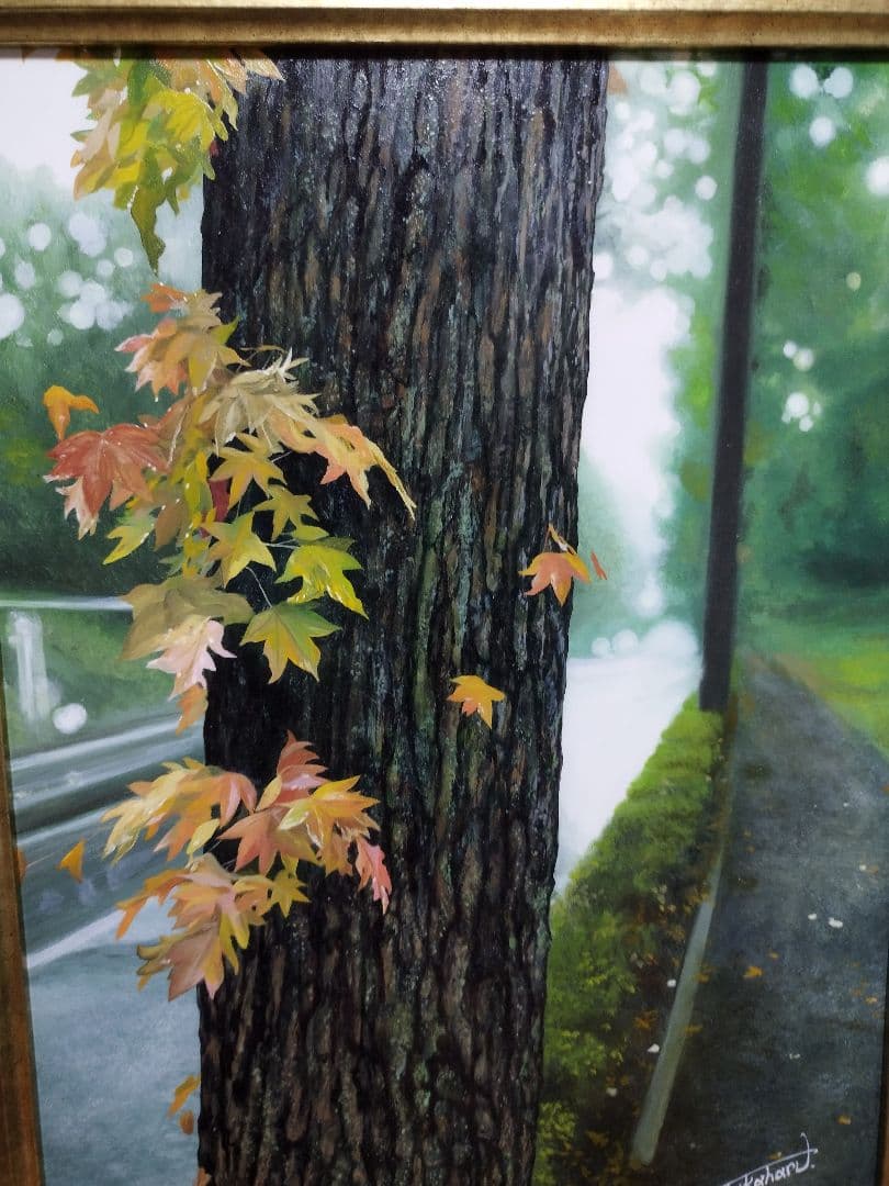 油絵 原画 写実画 額付き 街路樹