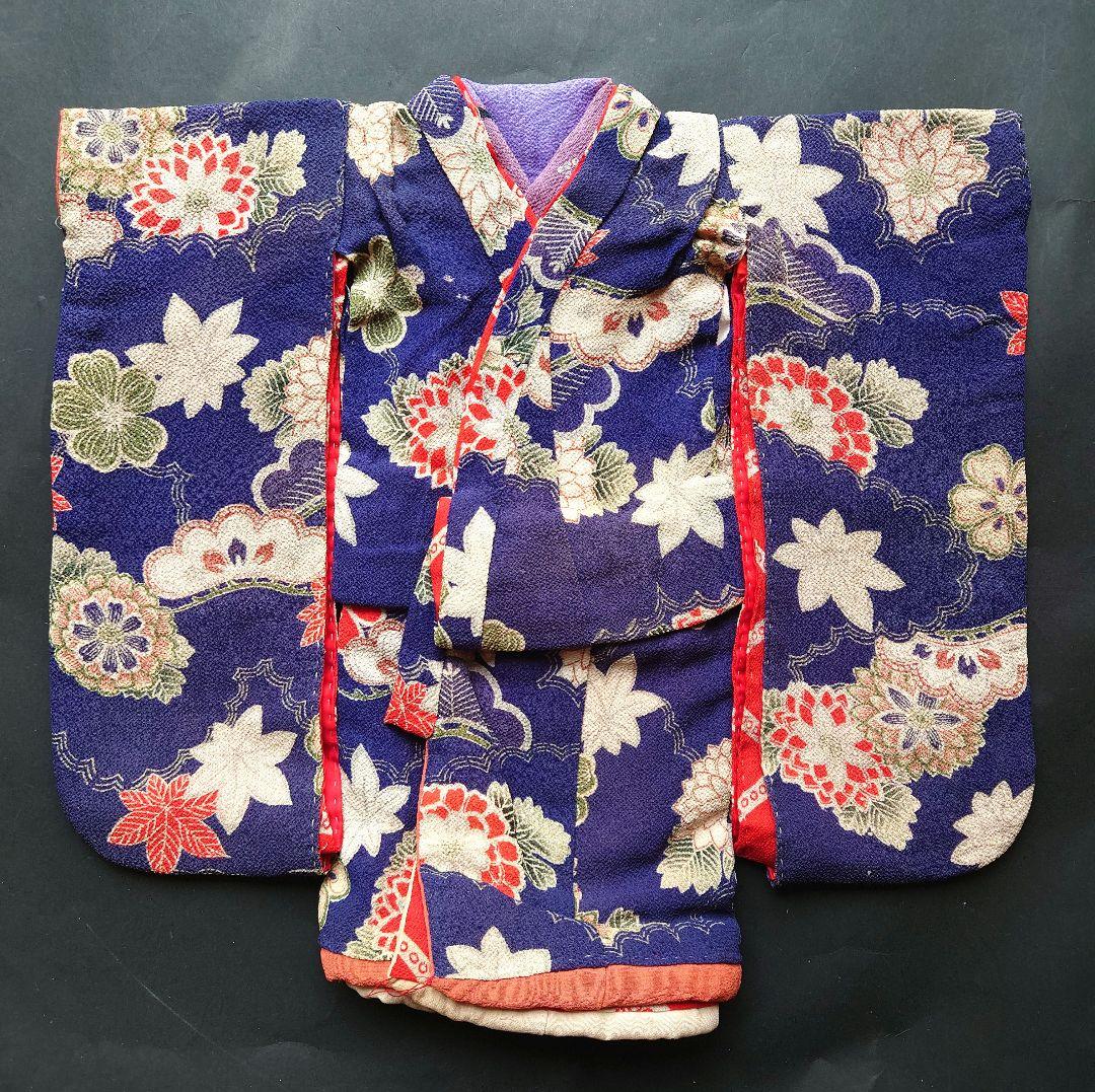 アンティーク　市松人形の着物　大正期の縮緬　袷　比翼付き　袂二枚本仕立て