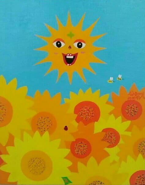 ハッピー太陽とひまわり畑　F3号　ハッピー太陽画家小楠アキコ作品