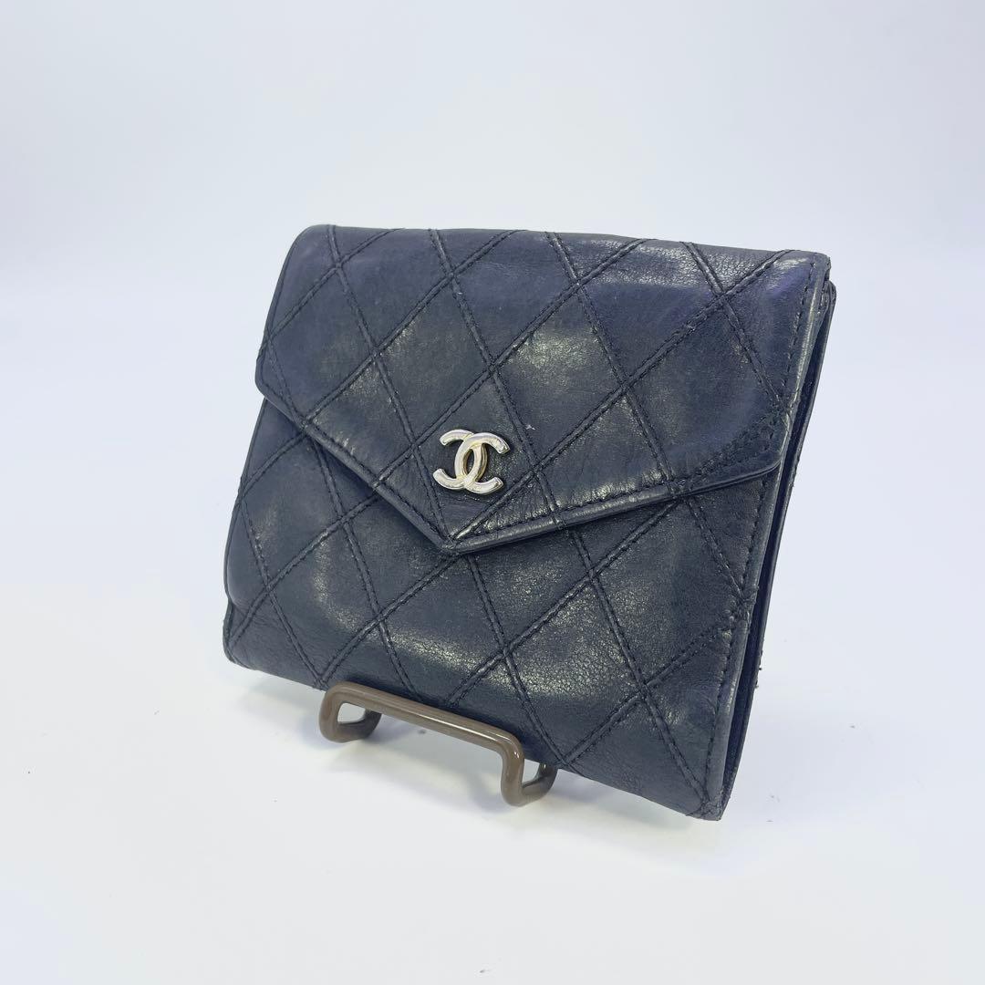 シャネル　ビコローレ　二つ折り　財布　ココマーク　ブラック　レザー　Wホック