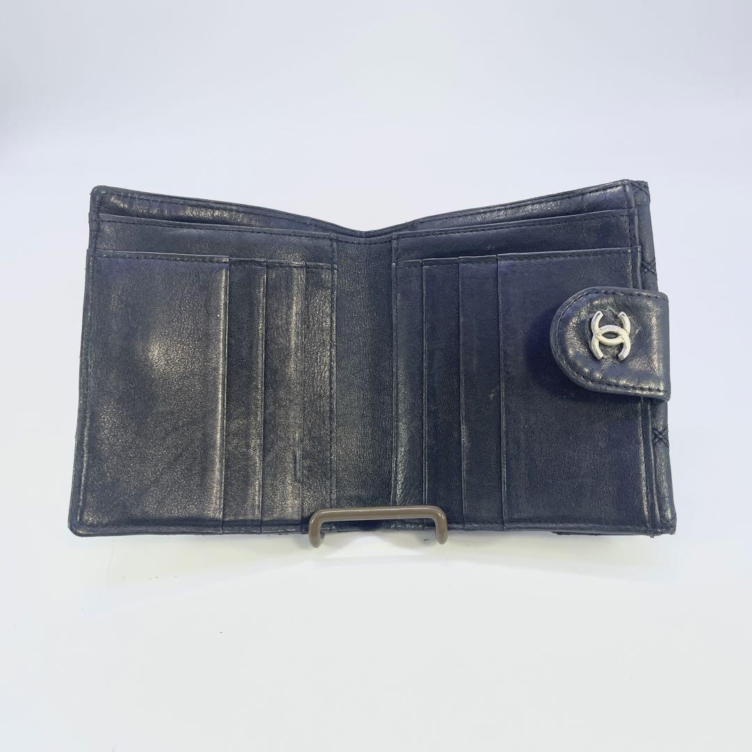 シャネル　ビコローレ　二つ折り　財布　ココマーク　ブラック　レザー　Wホック