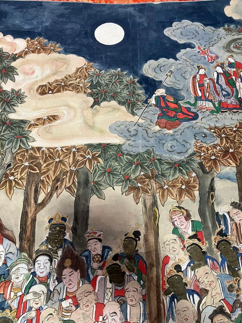 掛軸 釈迦涅槃図 大幅軸 紙本 彩色 仏画 仏教美術 年代物 時代物 合箱