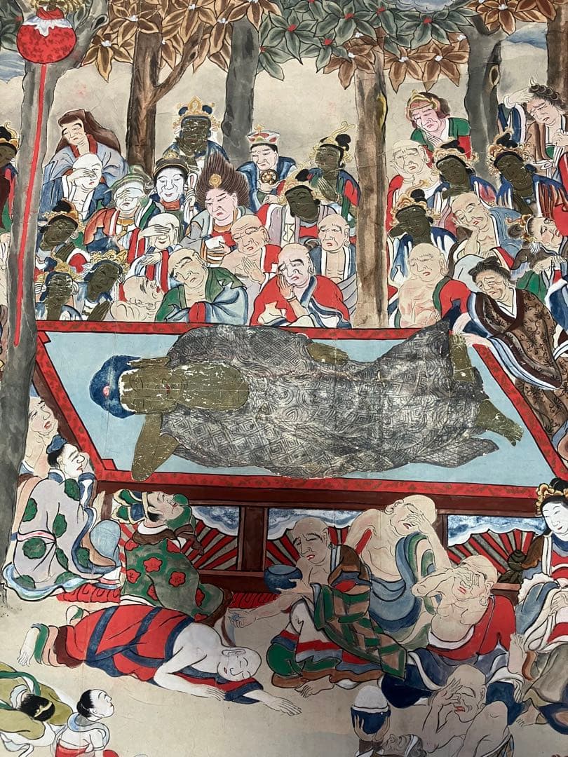 掛軸 釈迦涅槃図 大幅軸 紙本 彩色 仏画 仏教美術 年代物 時代物 合箱