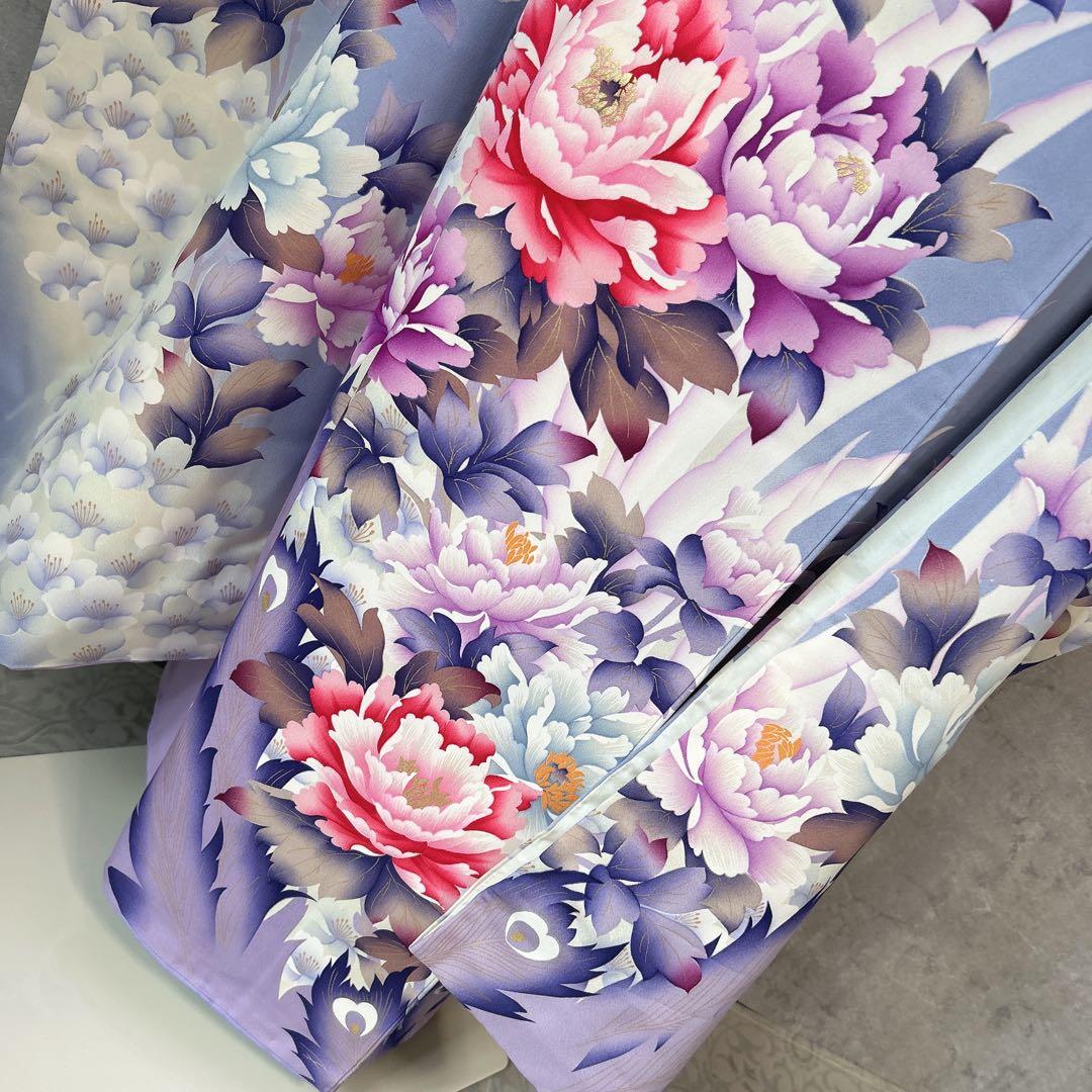 特価！　振袖　フルセット　帯　華模様　水色　紫　k2