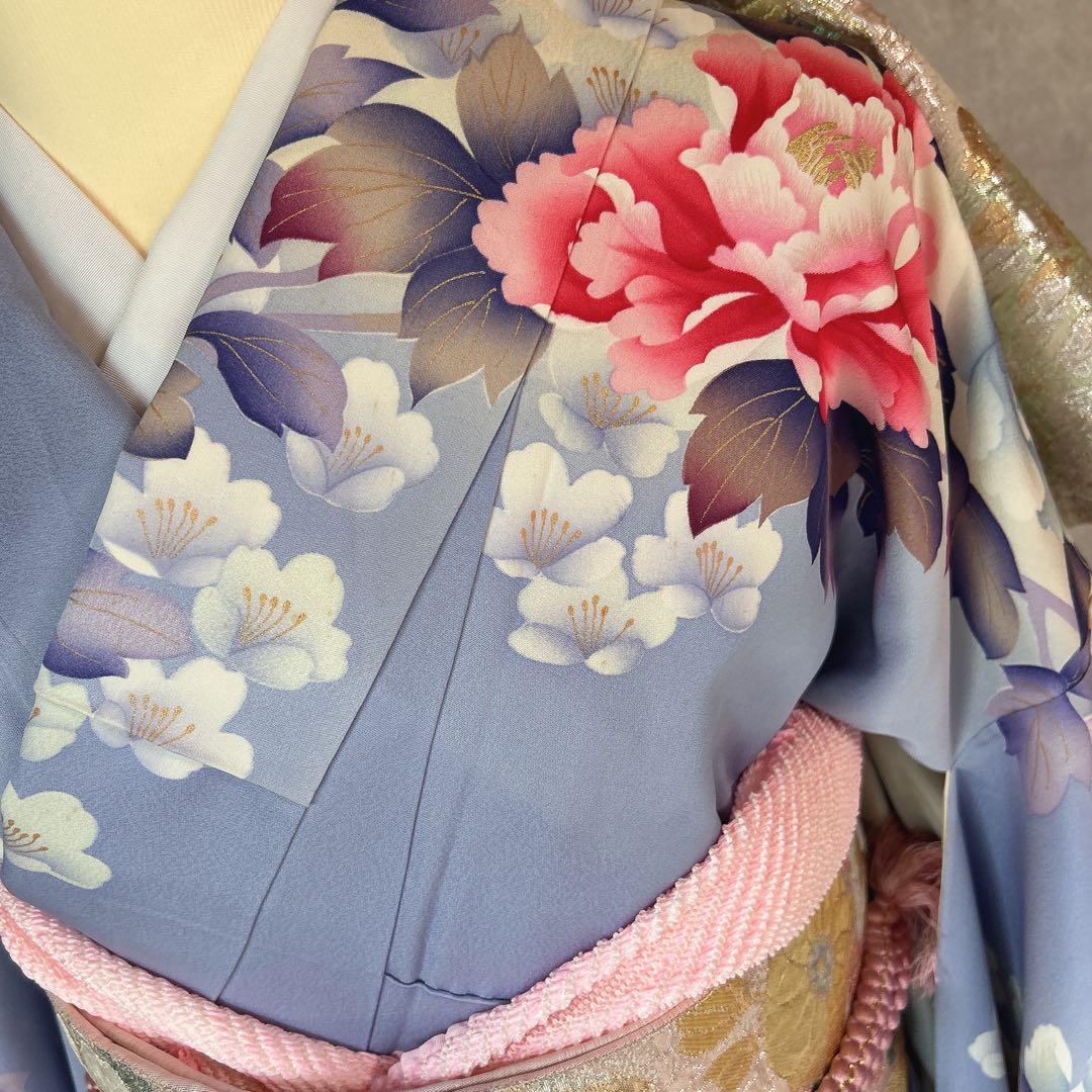 特価！　振袖　フルセット　帯　華模様　水色　紫　k2