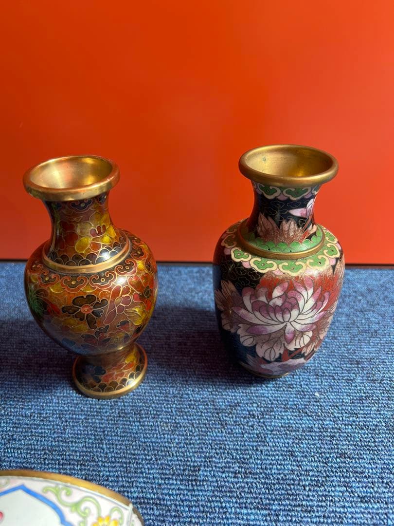 1012  中国　景泰藍　七宝　琺瑯　急須1   花瓶4  小物入れ1  時代物