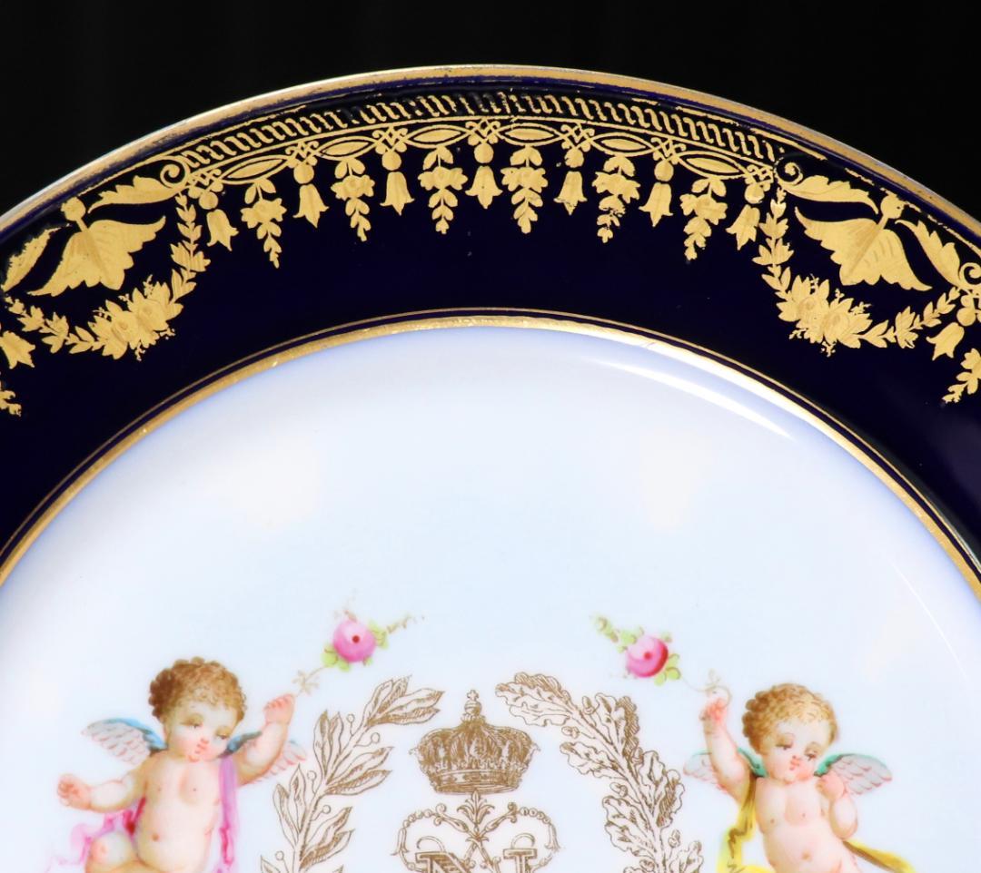 オールド・セーブル フランス第二帝政期1867年製 金彩天使図濃紺色大型プレート