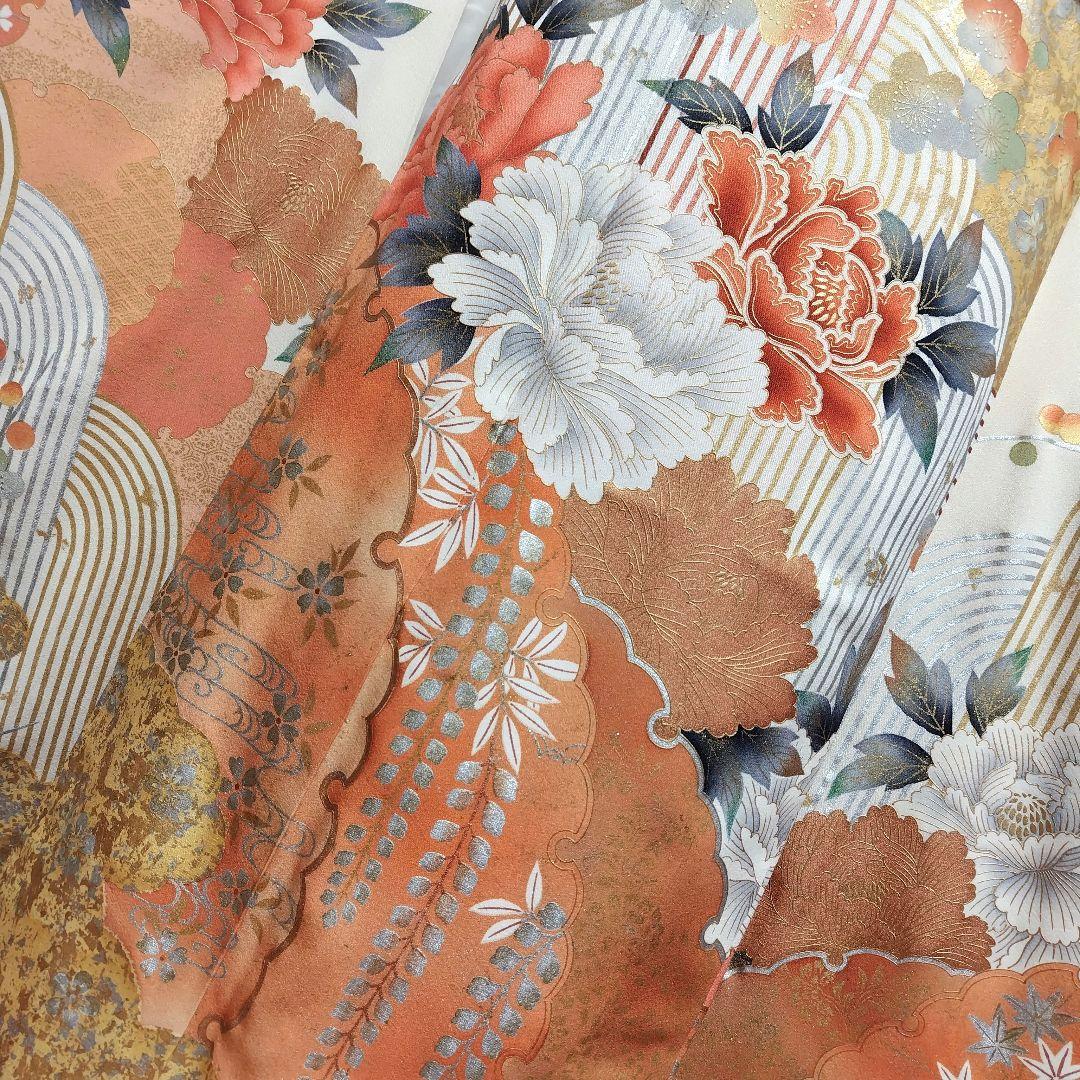 振袖フルセット(7点)・成人式・金銀彩加工・くすみ・白・古典柄・大輪牡丹