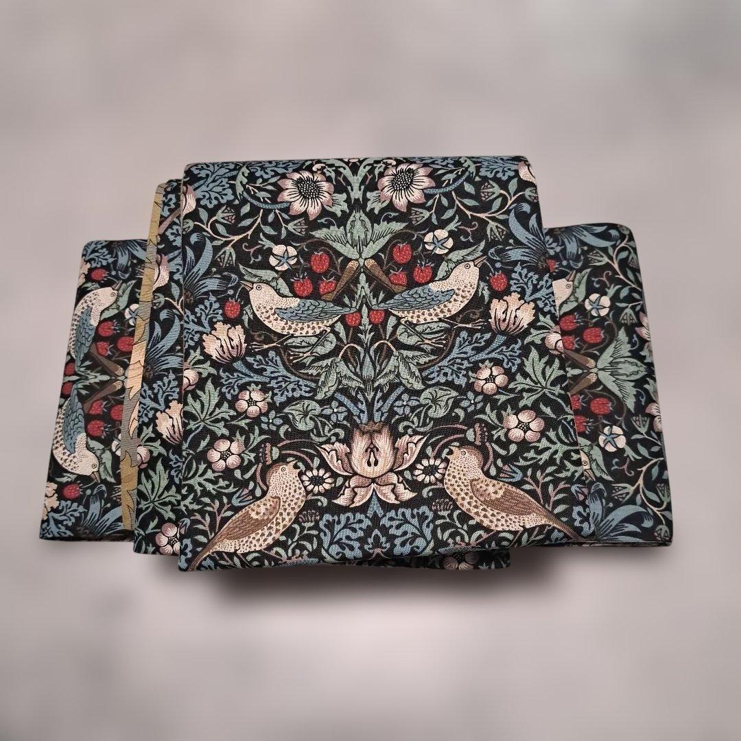 半幅帯　長尺　ウィリアムモリス　いちご泥棒　エメラルド×アネモネ　リバーシブル