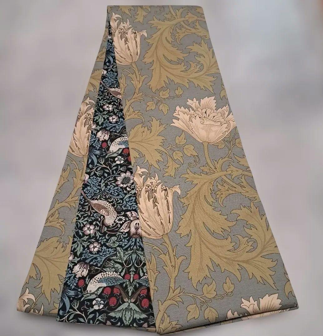 半幅帯　長尺　ウィリアムモリス　いちご泥棒　エメラルド×アネモネ　リバーシブル