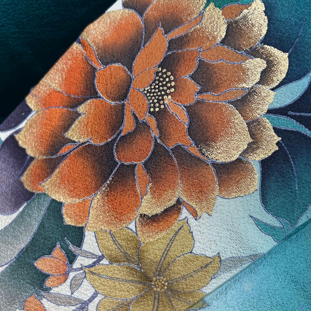 488 振袖フルセット 正絹 深緑 グリーン 金彩 暈し染め シック シンプル