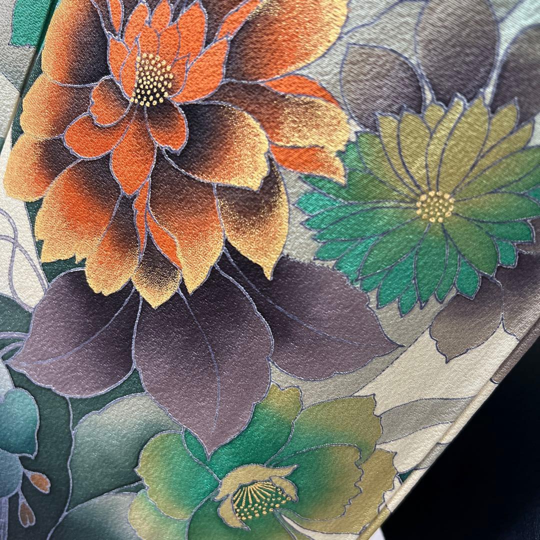 488 振袖フルセット 正絹 深緑 グリーン 金彩 暈し染め シック シンプル