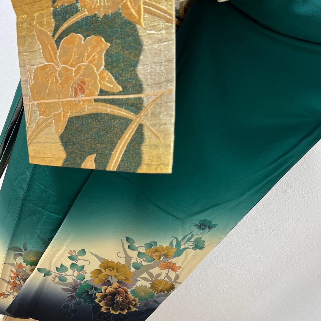 488 振袖フルセット 正絹 深緑 グリーン 金彩 暈し染め シック シンプル
