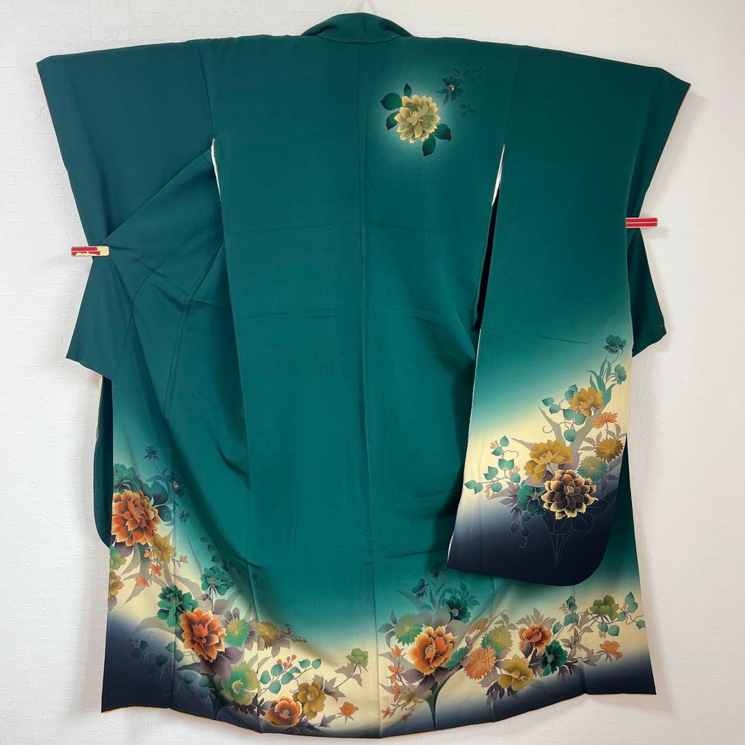 488 振袖フルセット 正絹 深緑 グリーン 金彩 暈し染め シック シンプル