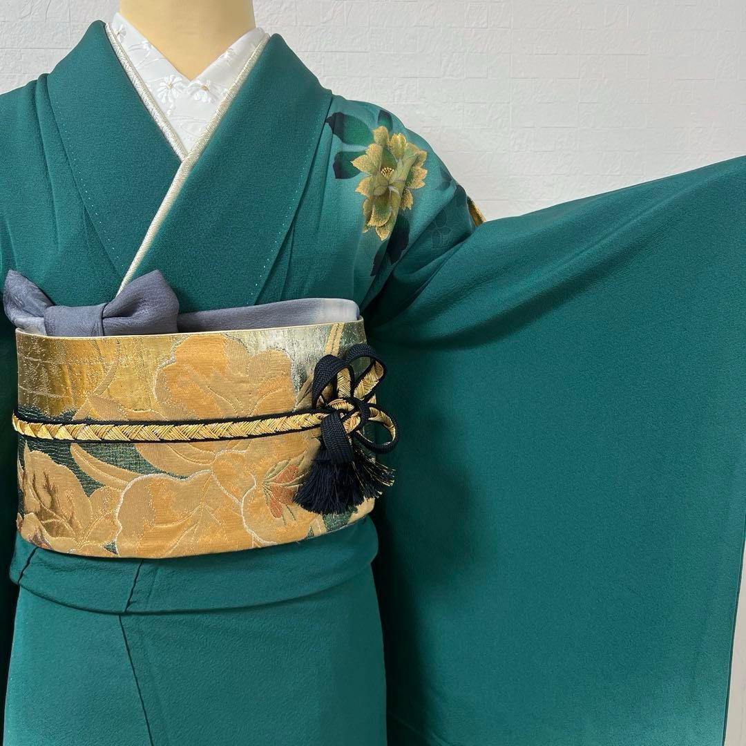 488 振袖フルセット 正絹 深緑 グリーン 金彩 暈し染め シック シンプル