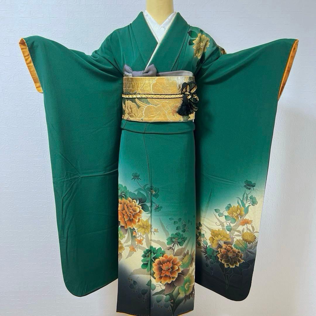 488 振袖フルセット 正絹 深緑 グリーン 金彩 暈し染め シック シンプル