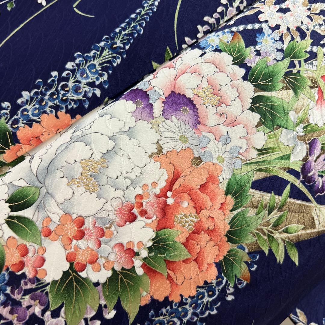 400 振袖フルセット 正絹 紺 ネイビー 紫 金彩 手描き 総柄 華やか 小紋