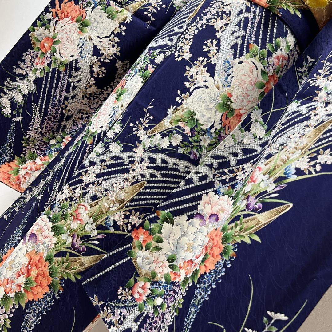400 振袖フルセット 正絹 紺 ネイビー 紫 金彩 手描き 総柄 華やか 小紋