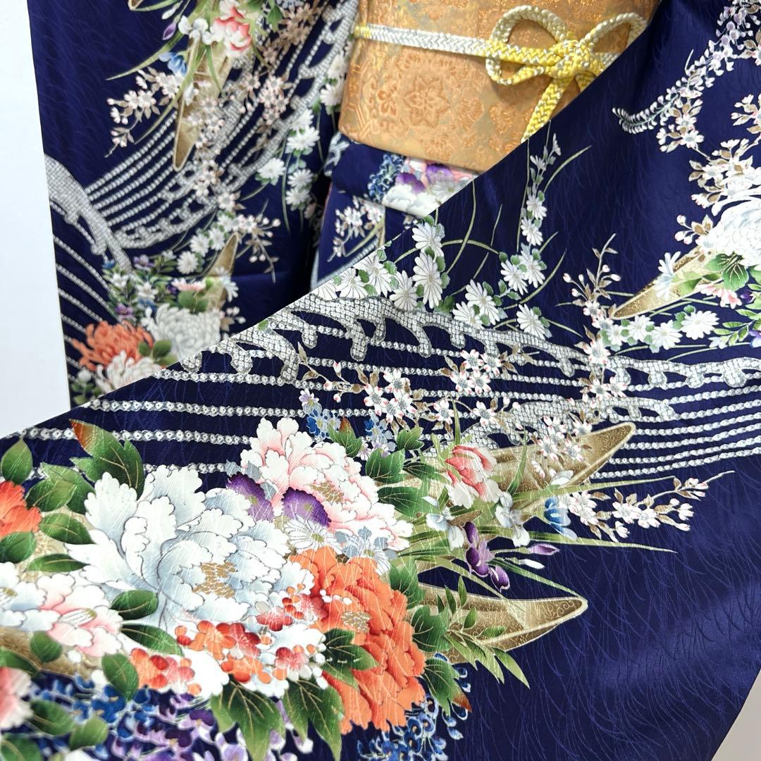 400 振袖フルセット 正絹 紺 ネイビー 紫 金彩 手描き 総柄 華やか 小紋