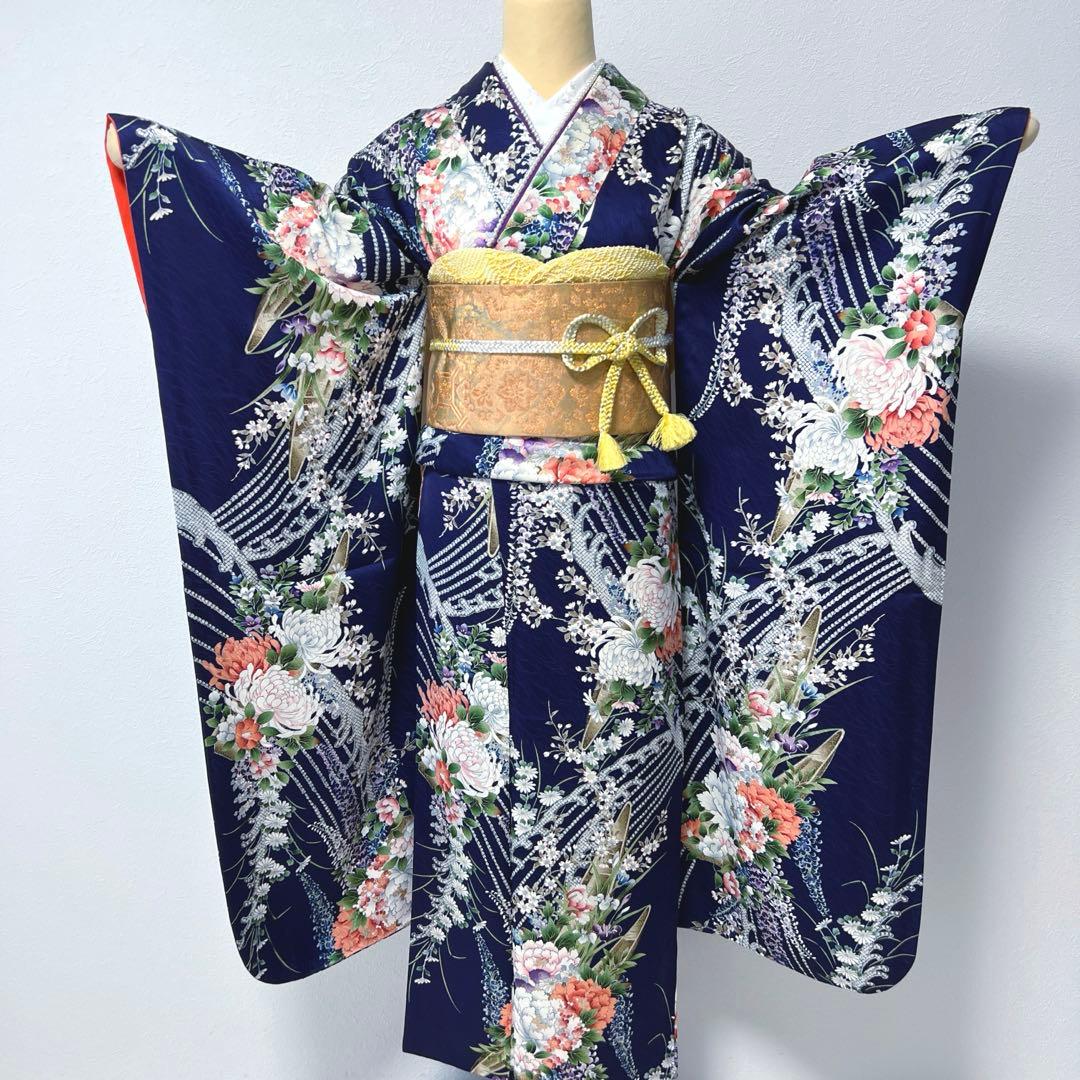 400 振袖フルセット 正絹 紺 ネイビー 紫 金彩 手描き 総柄 華やか 小紋