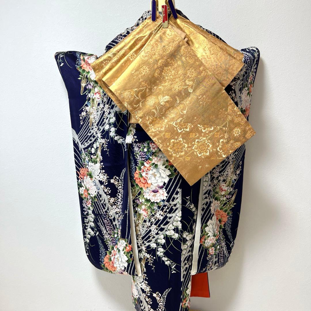 400 振袖フルセット 正絹 紺 ネイビー 紫 金彩 手描き 総柄 華やか 小紋