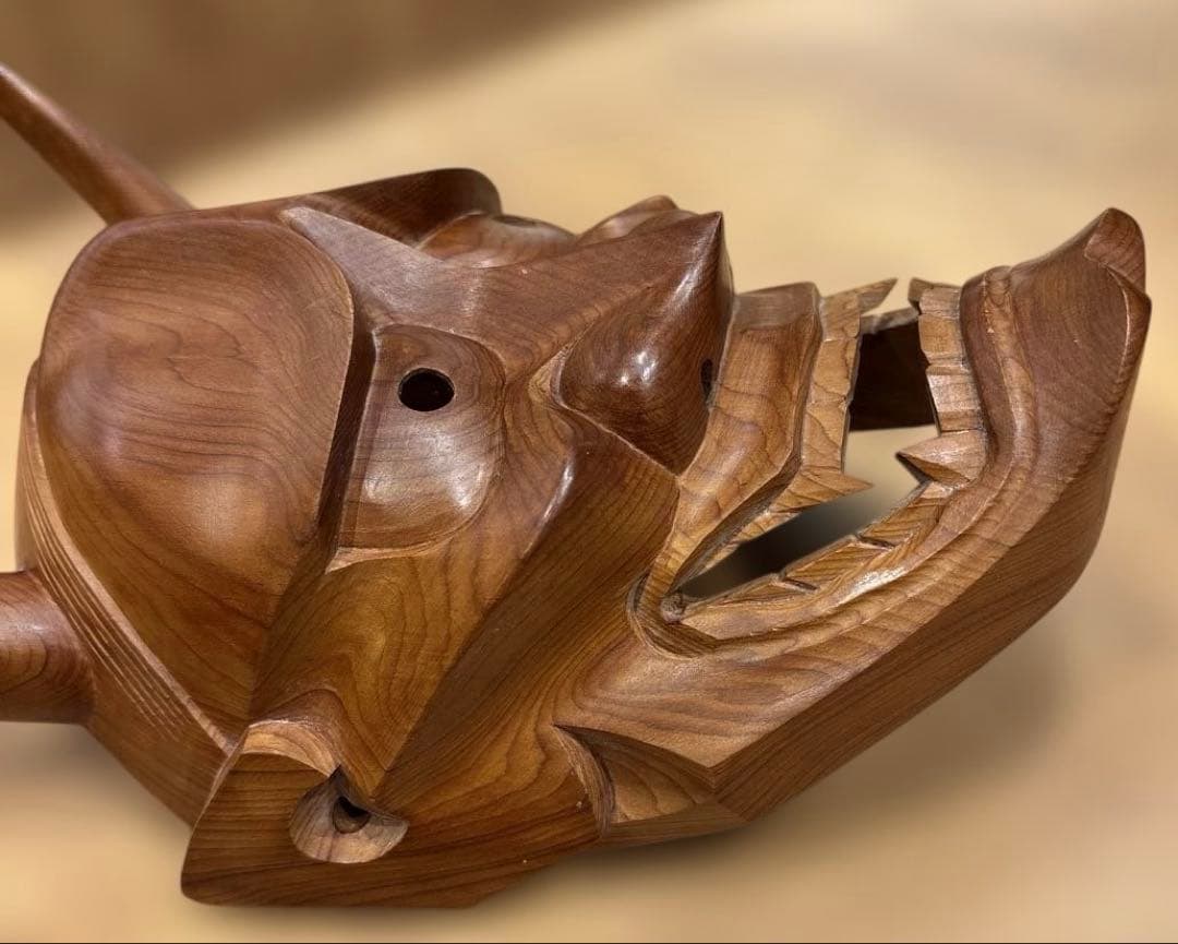 【良品・壁掛け可能です】木製 鬼の面 般若 木彫り 刻山