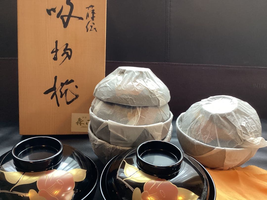 天然木　越前塗　越前漆器　吸物椀５客　手書き椿金蒔絵　本漆塗り　森下漆器　未使用