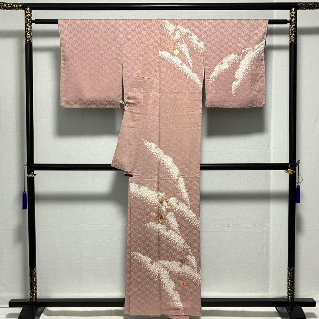 D89 訪問着 絞り 花刺繍 正絹 着物 袷 しつけ糸付き未使用極美品