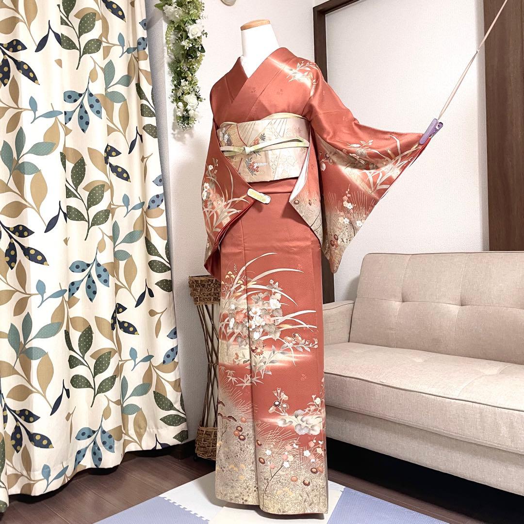 オレンジ　友禅 4点 フルセット 訪問着 入学式 卒業式 入園式 春 秋 冬