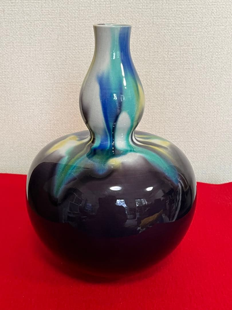 【特大】 人間国宝 三代 徳田八十吉  (正彦銘) 彩釉 瓢型 花入 T198