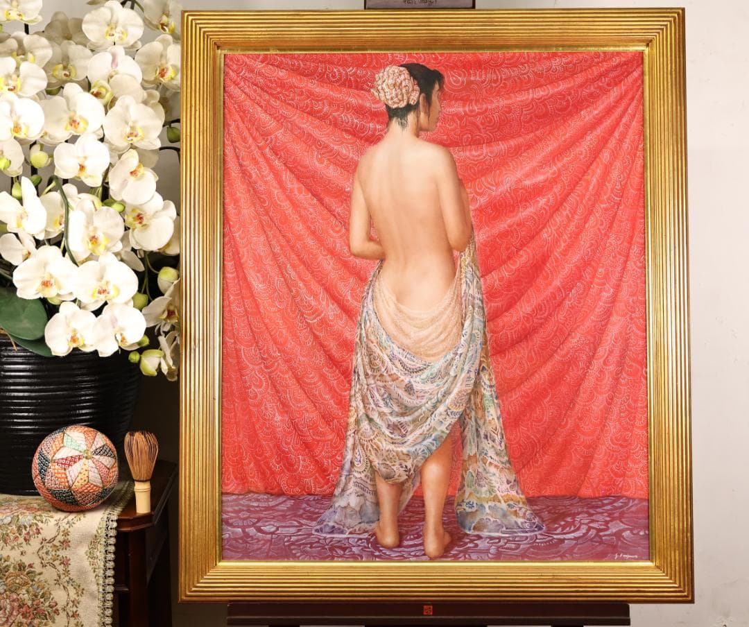 【真作】　鬼沢泰治 「 レースの裸婦 」　F20号　油彩　タトウ　BK098