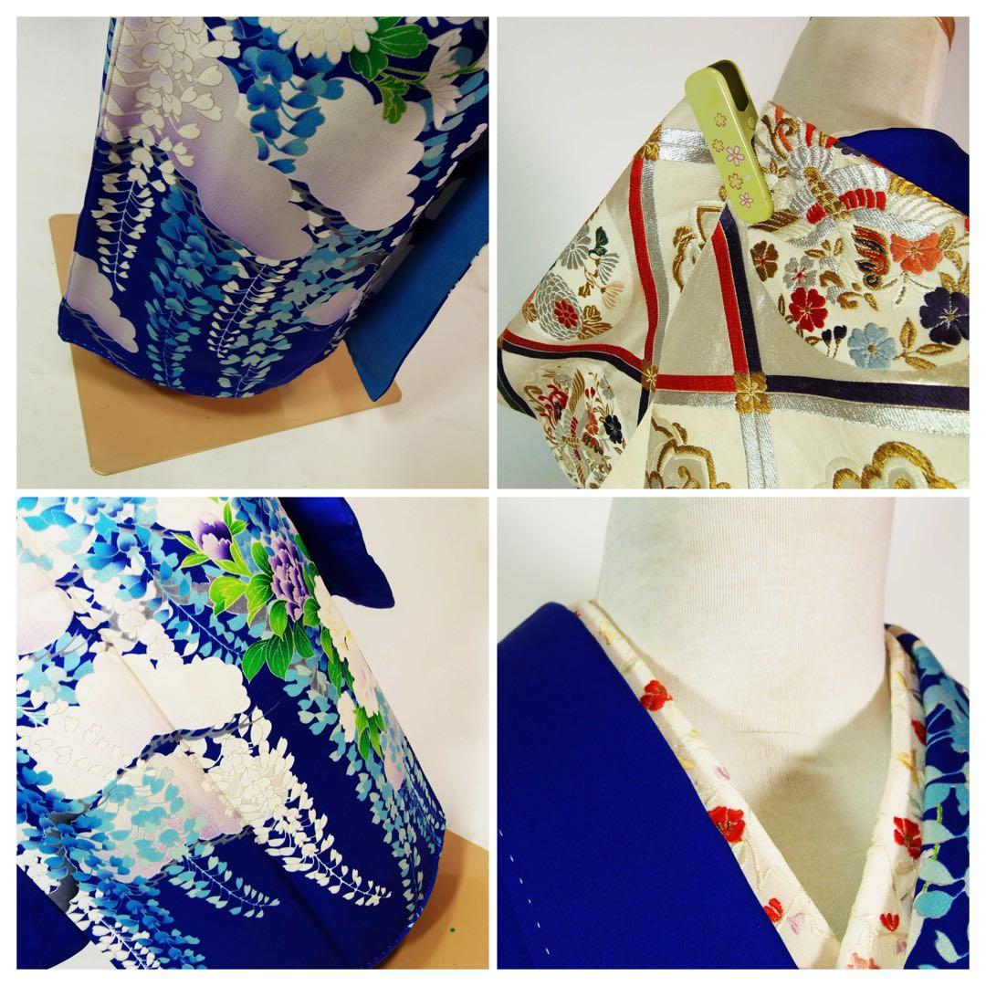 【豪華3点セット】振袖／濃紺地 藤花文様／銀駒刺繍／長襦袢・袋帯付き 晴れの日に