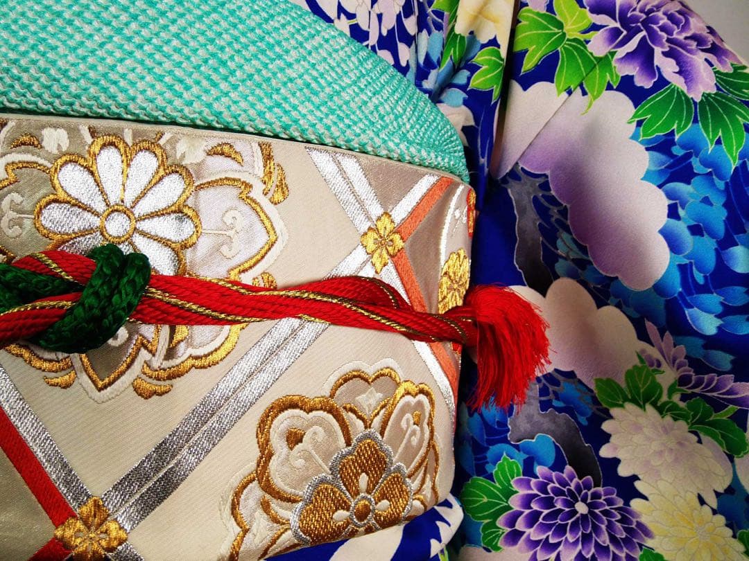 【豪華3点セット】振袖／濃紺地 藤花文様／銀駒刺繍／長襦袢・袋帯付き 晴れの日に