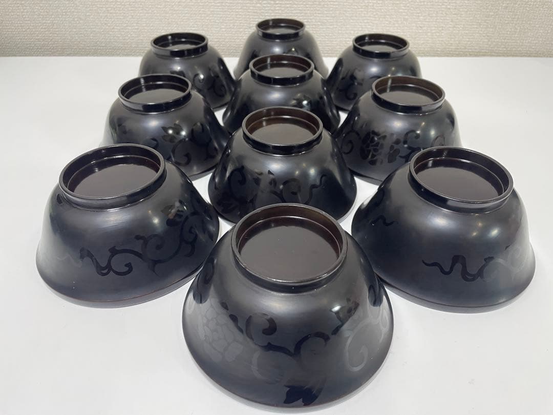 黒漆器 黒漆 内黒塗 漆器 吸物 懐石椀 煮物椀 10客 唐草柄 アンティーク