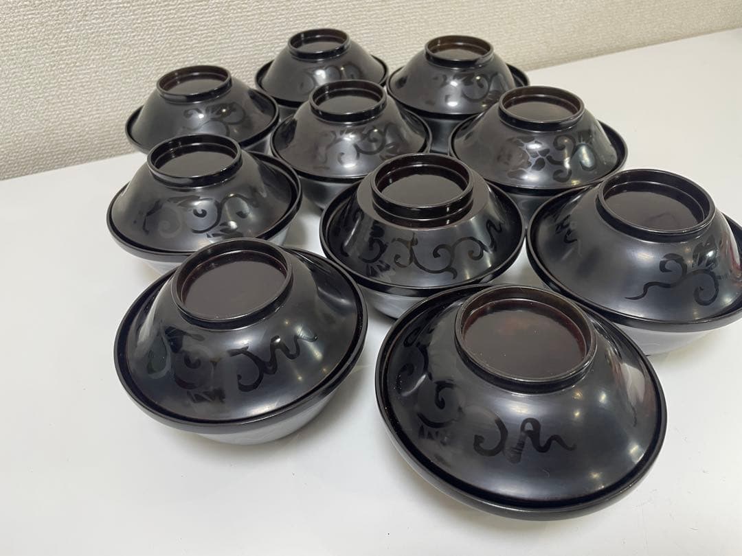 黒漆器 黒漆 内黒塗 漆器 吸物 懐石椀 煮物椀 10客 唐草柄 アンティーク