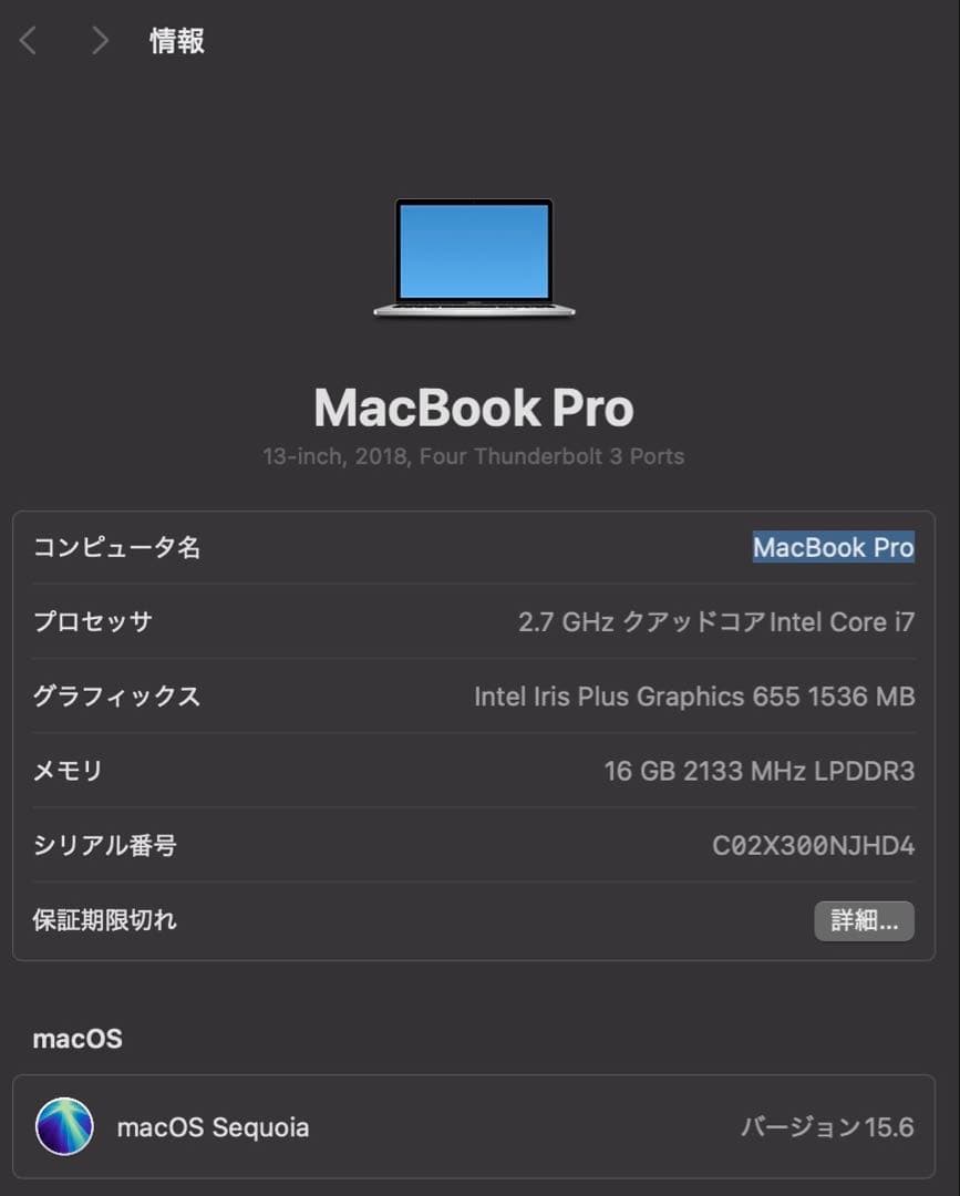 MacBook本体 MacBook Pro 2018 Core i7 16GB A1989