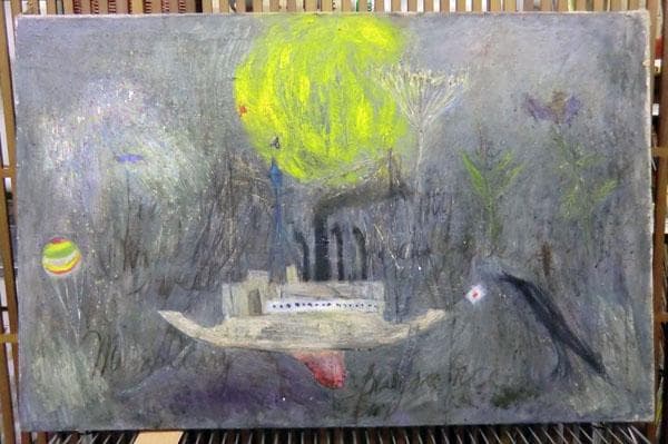 真作保証 藤本俊子　郷愁　太陽と舟　1957年　◆　油絵　1ｍ×65㎝　北海道