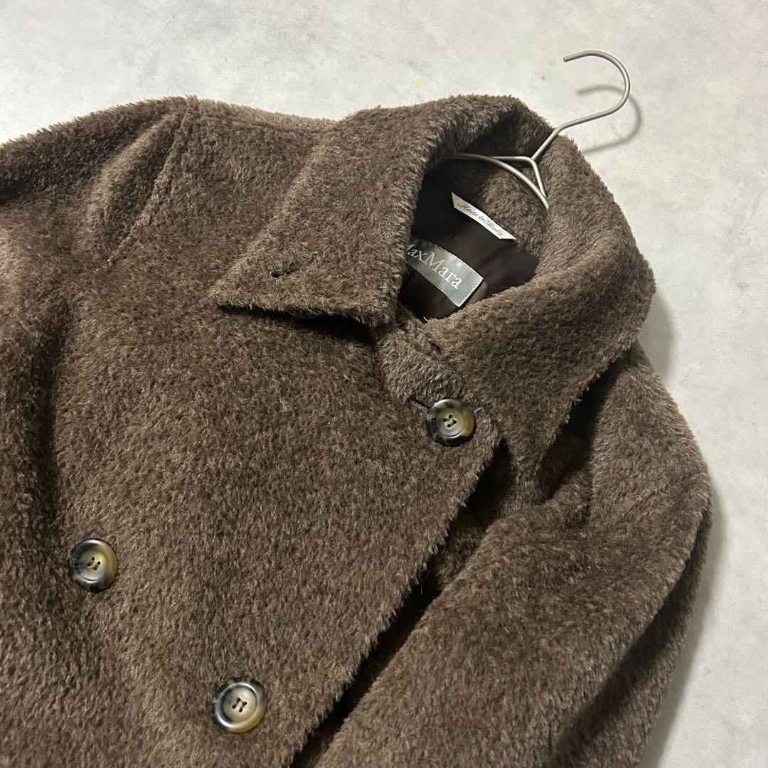 マックスマーラ 銀タグ アルパカシャギーコート ロング 裏地ロゴ ダブル