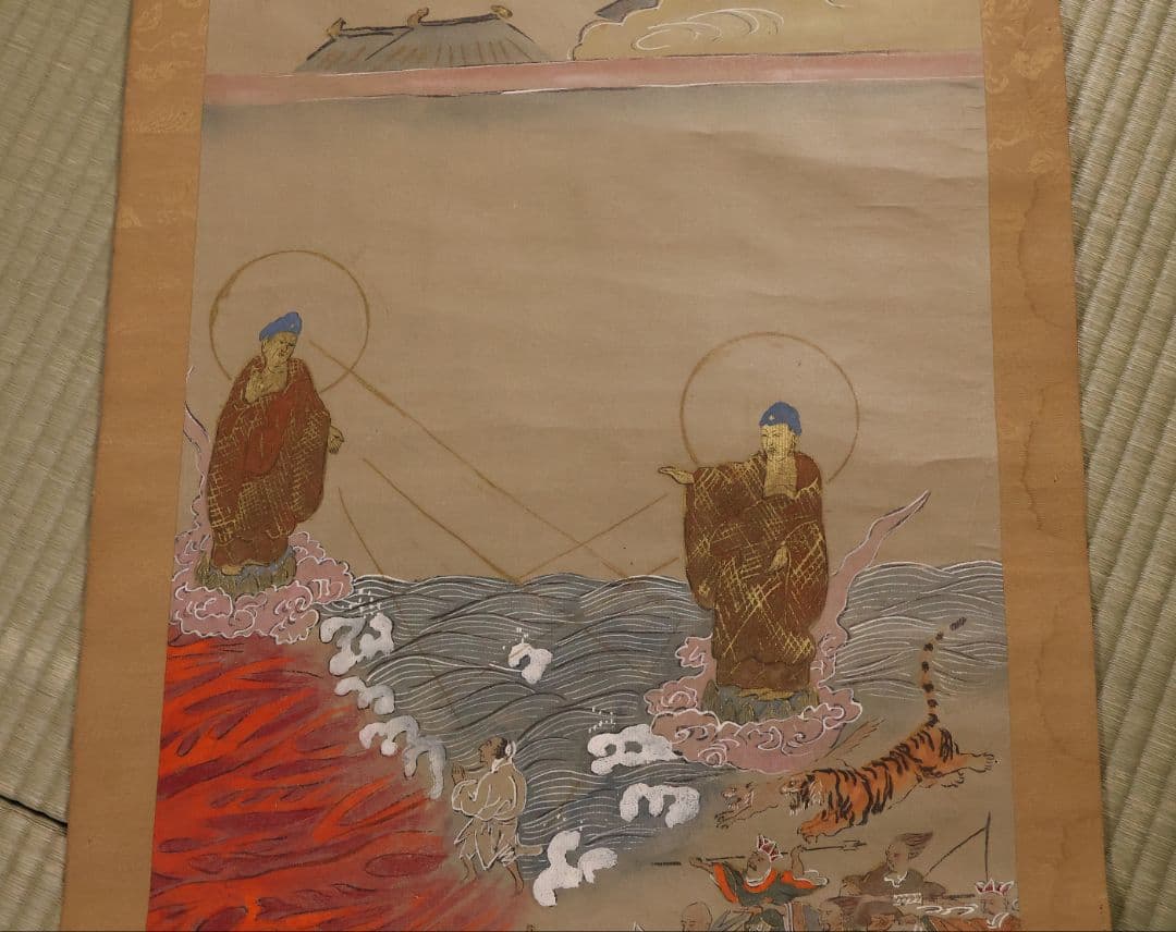 古仏画 二河白道図 紙本 掛軸 合箱 仏教美術【CM404】