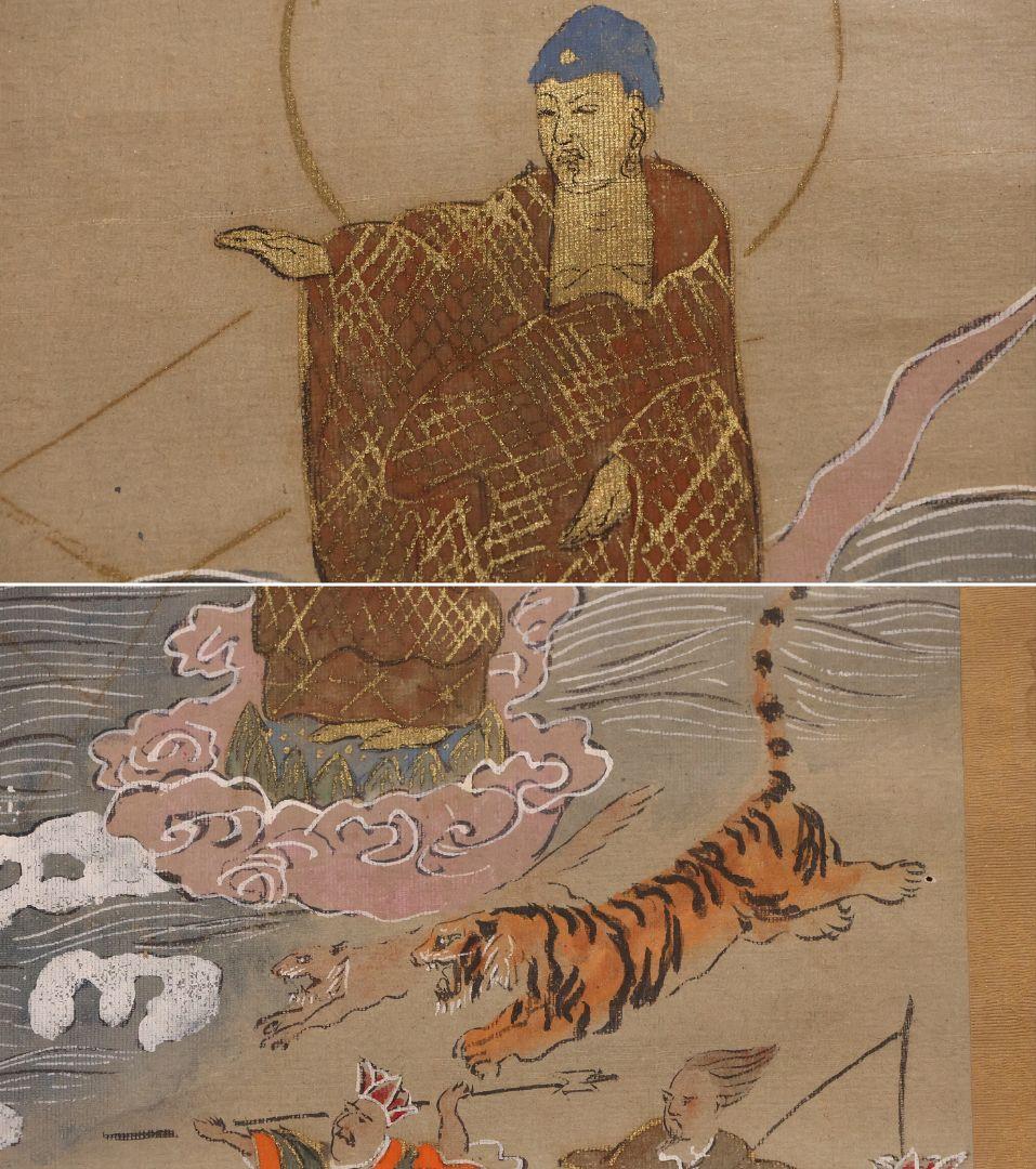 古仏画 二河白道図 紙本 掛軸 合箱 仏教美術【CM404】