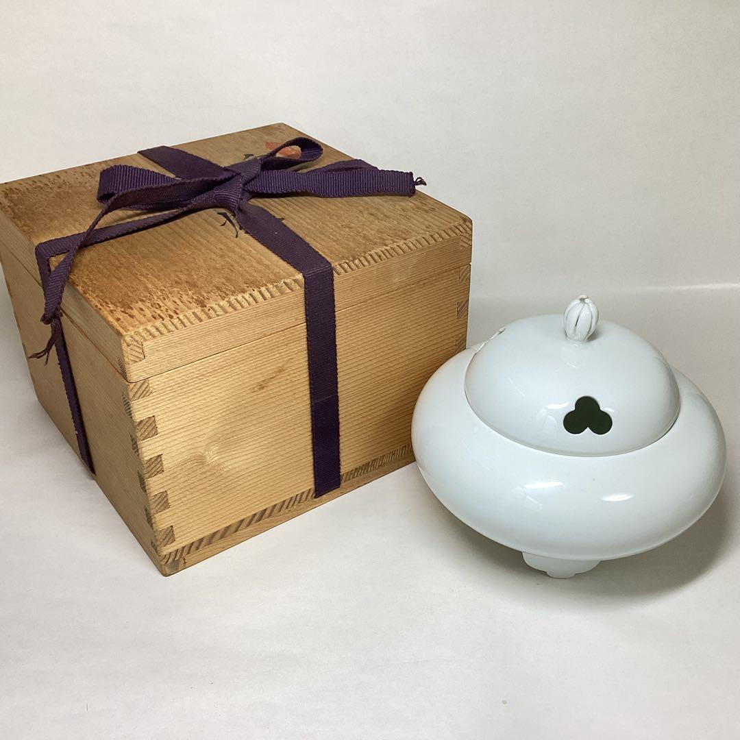 香炉 白磁 丸 木箱入 井上萬二 茶道具 古物品
