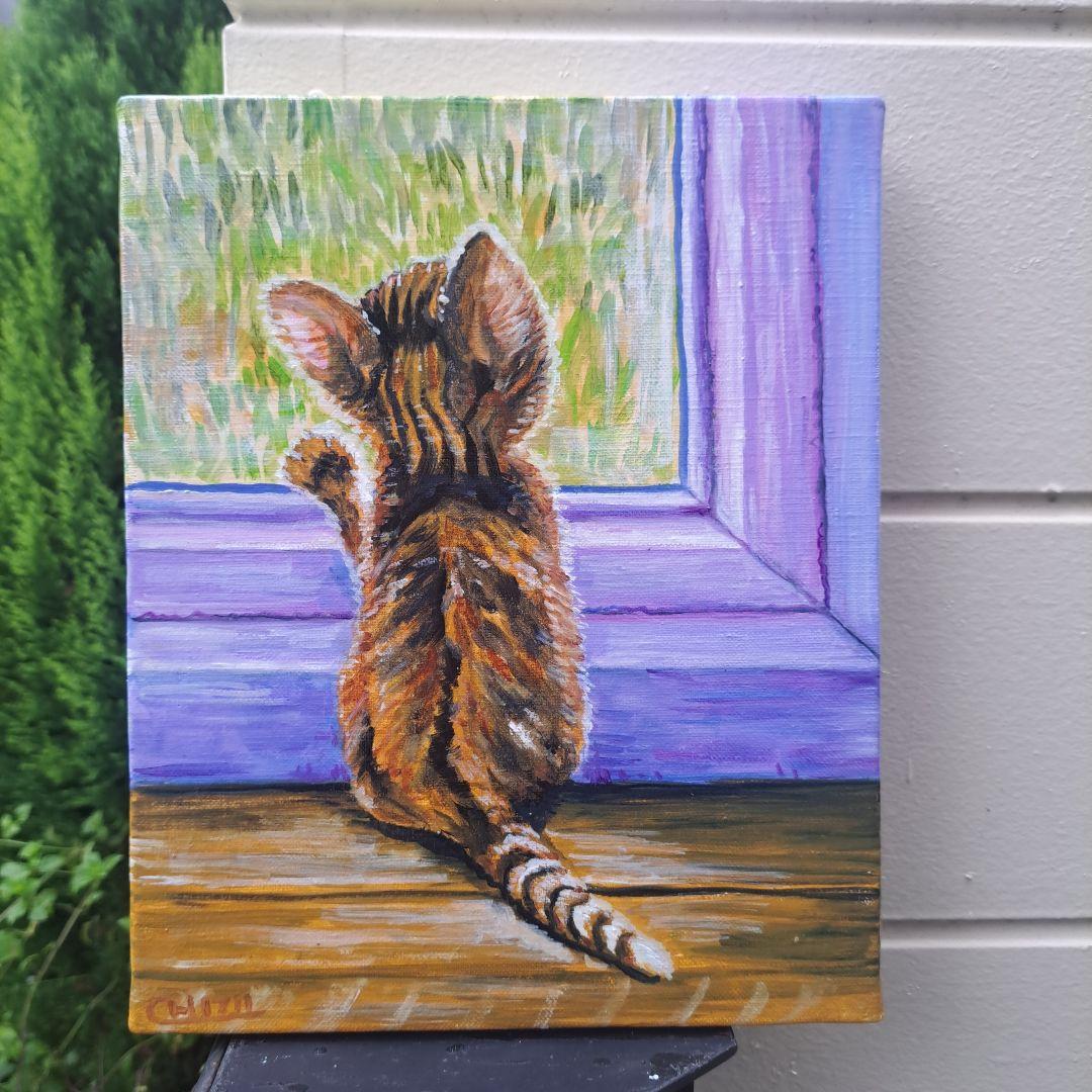 キャンバス油絵 　専用　立ち上がって 外を見ている子猫