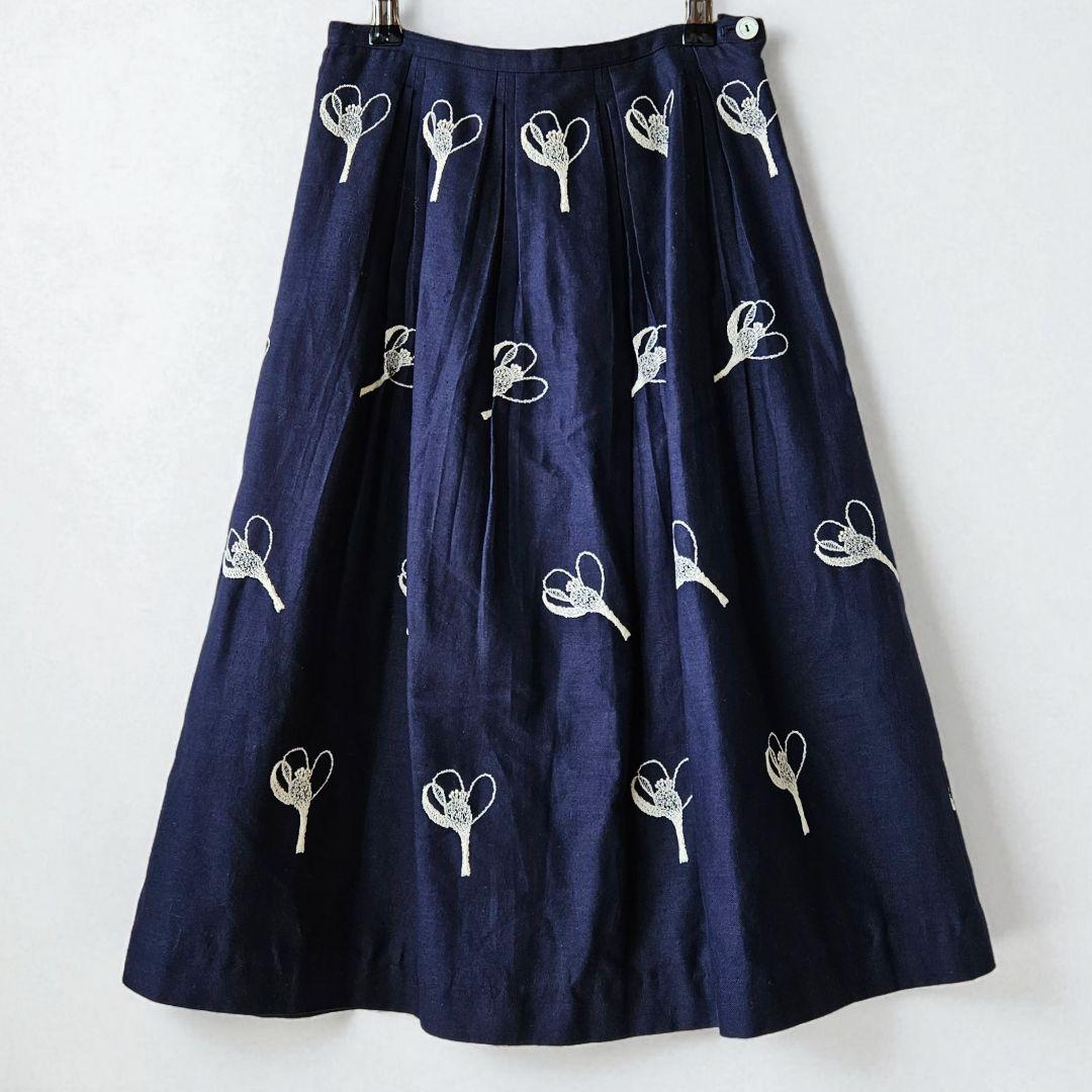 希少★ミナペルホネン mademoiselle リネン混タックスカート 刺繍
