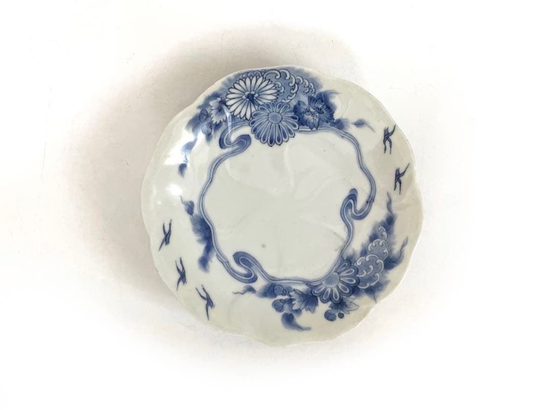 #1骨董　アンティーク　藍柿右衛門　染付　菊雲鶴文様　輪花皿　高脚皿　古伊万里