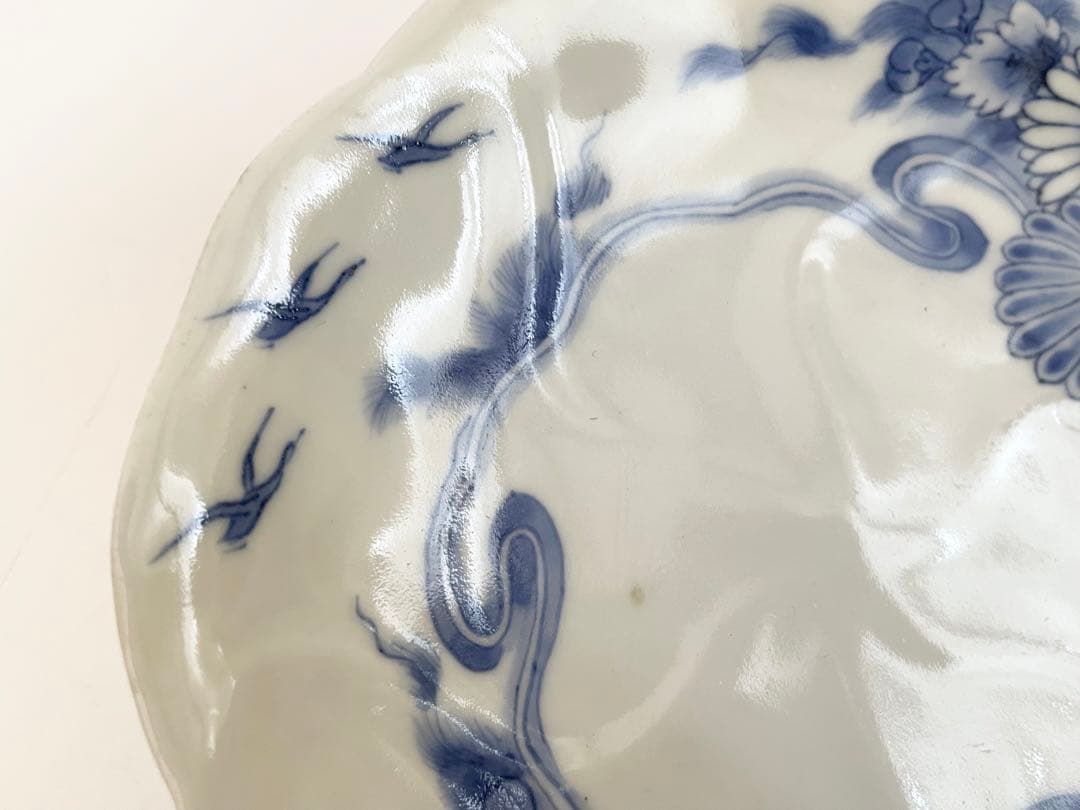 #1骨董　アンティーク　藍柿右衛門　染付　菊雲鶴文様　輪花皿　高脚皿　古伊万里