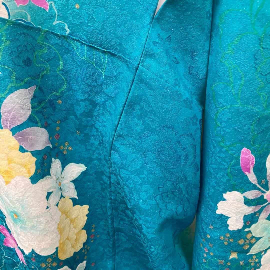 ☆中古品☆振袖　単品　正絹　白・青系ラメ入り花模様B級品ヤケ有り振袖