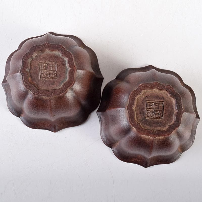 中国　中国宣興銘　紫砂朱泥　輪花碗　一對　V　8064E