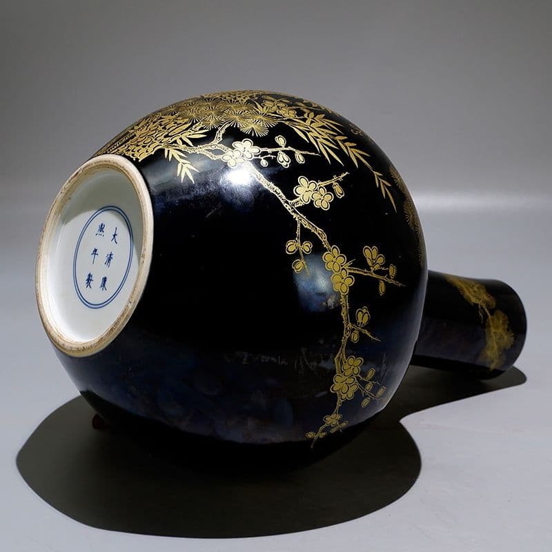 清康熙烏金釉本金手描き松鶴延年天球瓶 景徳鎮 陶磁器 装飾品現代工芸品美術品置物