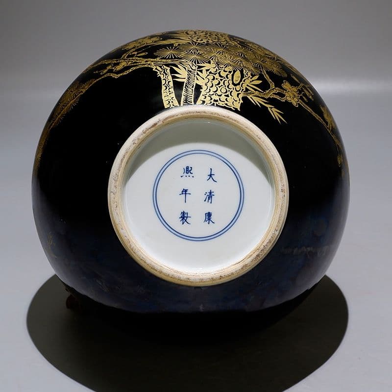 清康熙烏金釉本金手描き松鶴延年天球瓶 景徳鎮 陶磁器 装飾品現代工芸品美術品置物