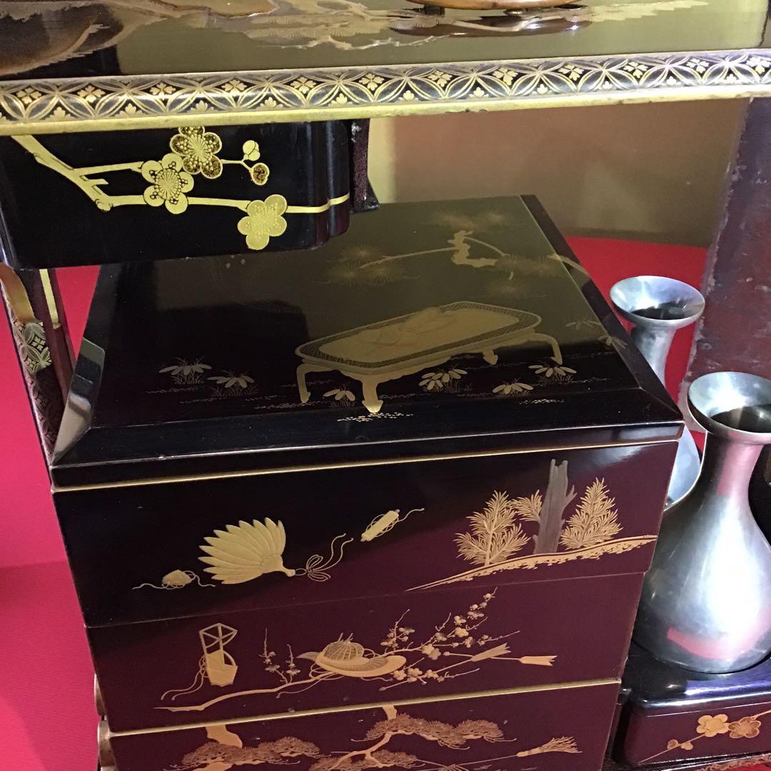 金高盛蒔絵　野弁当重　錫徳利　時代箱付　江戸期